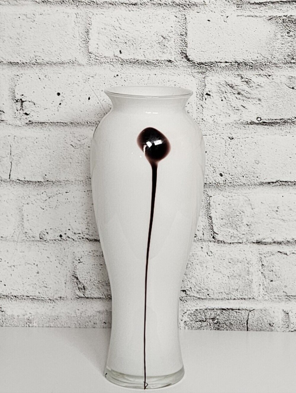 Modern White Art Glass Vase Black Drip 13 Inch Minimalist Statement Decor
